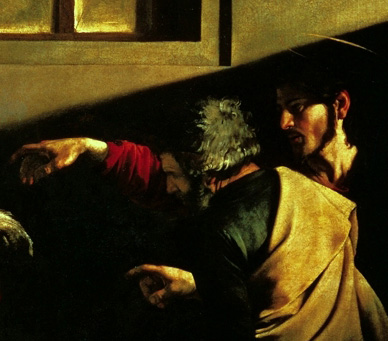 dettaglio Caravaggio, La vocazione di Matteo