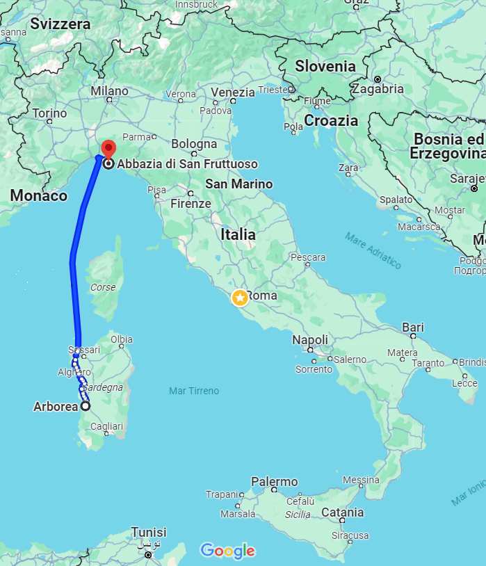 mappa d'Italia e percorso da Tharros a San Fruttuoso