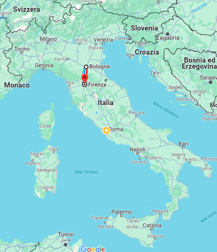 mappa d'Italia e percorso da Bologna a Firenze