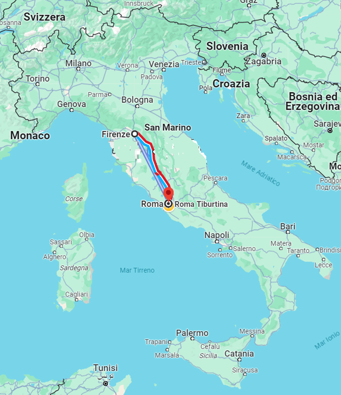 mappa d'Italia e percorso da Firenze a Roma