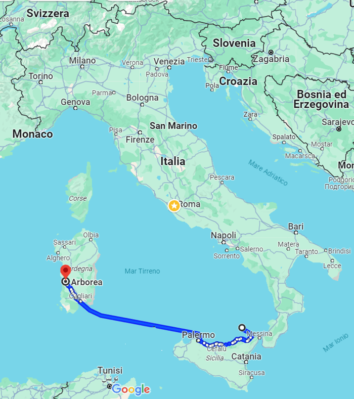 mappa d'Italia e percorso da Lipari a Tharros, vicino ad Arborea