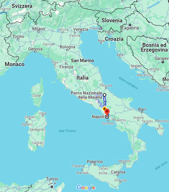 mappa d'Italia e percorso dal parco della Maiella a Napoli