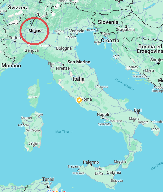 Mappa d'Italia. Milano è al nord, in Lombardia