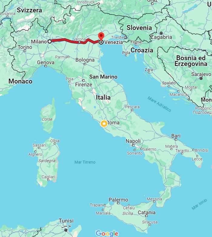 mappa d'Italia e percorso da Milano a Venezia