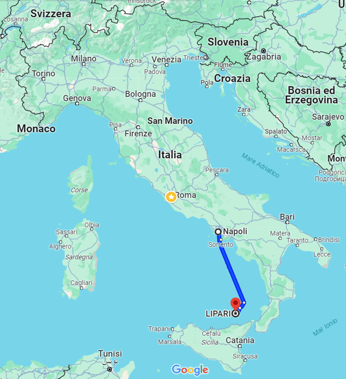 mappa d'Italia e percorso da Napoli a Lipari