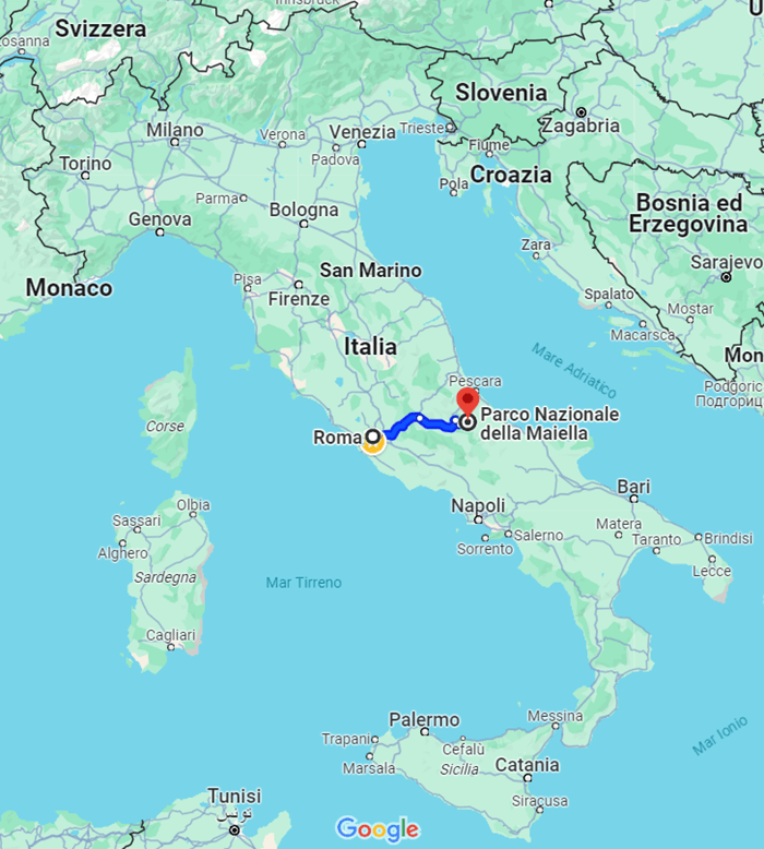 mappa d'Italia e percorso da Roma al parco della Maiella