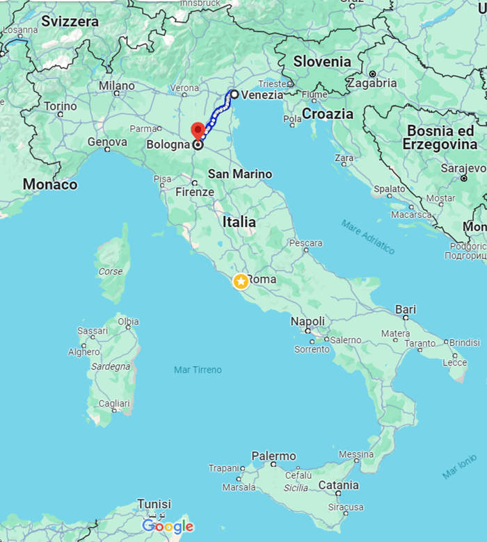 mappa d'Italia e percorso da Venezia a Bologna